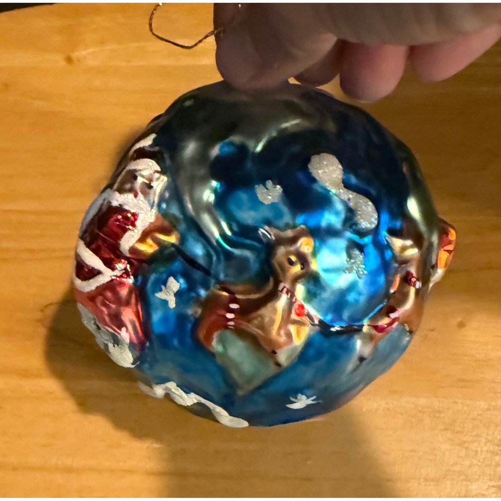 Christmas Holiday 4 Inch Ornament Blue Santa Reindeer Glass Round 3D